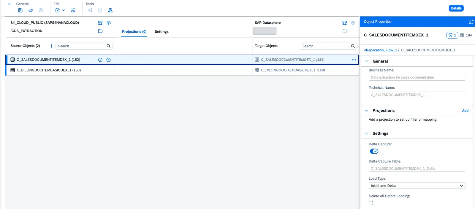 Editor de replication flow de SAP Datasphere con dos vistas CDS de extracción como origen, SAP Datasphere como destino y el panel Object Properties con Delta Capture activado y Load Type Initial and Delta