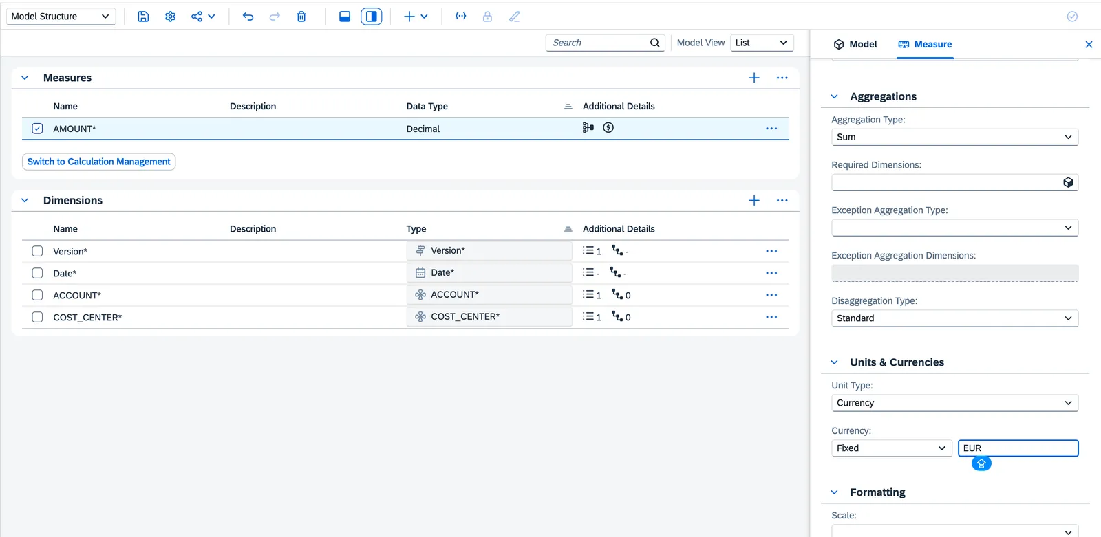 Model Structure del modelo PLN_OPEX en SAP Analytics Cloud con la medida AMOUNT de tipo Decimal, las dimensiones Version, Date, ACCOUNT y COST_CENTER y el panel de la medida con agregación Sum y moneda fija EUR