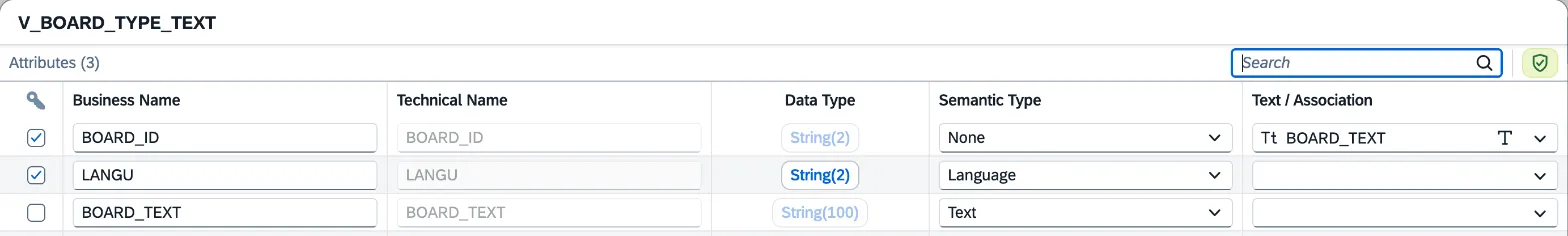 Diálogo de atributos de la vista V_BOARD_TYPE_TEXT con BOARD_ID y LANGU como clave, LANGU String(2) con semantic type Language, BOARD_TEXT con semantic type Text y BOARD_TEXT como texto de BOARD_ID