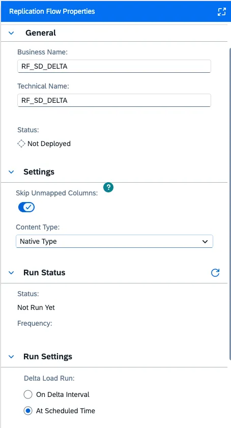 Panel Replication Flow Properties de RF_SD_DELTA con la sección Run Settings y Delta Load Run en At Scheduled Time