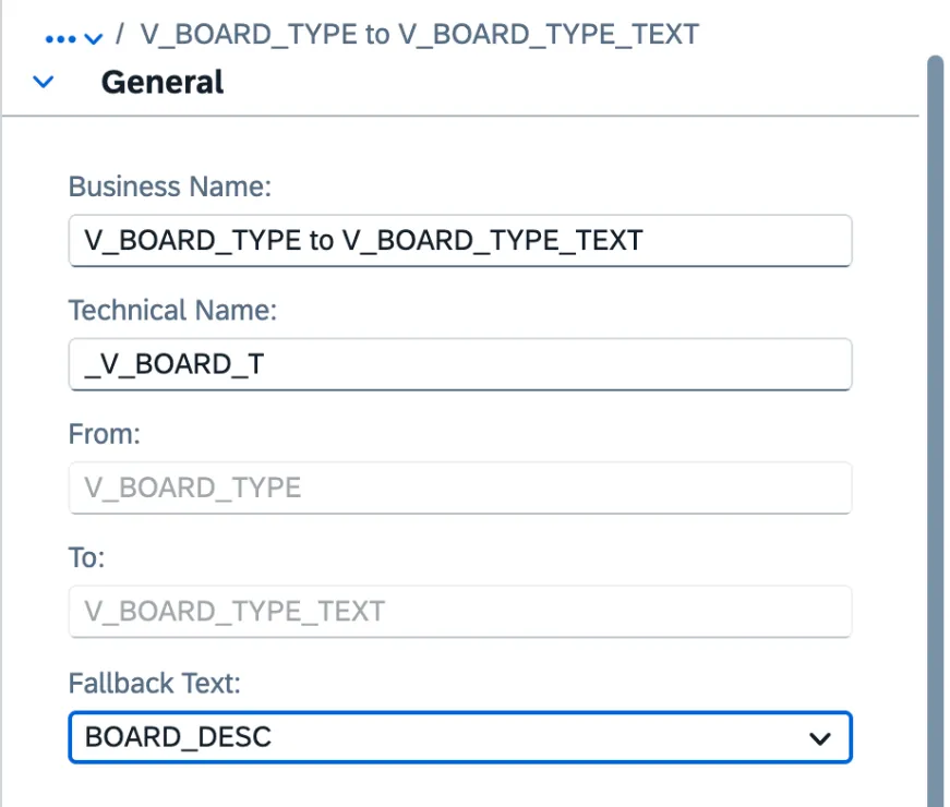 Panel de la asociación de texto de V_BOARD_TYPE hacia V_BOARD_TYPE_TEXT con el campo Fallback Text = BOARD_DESC