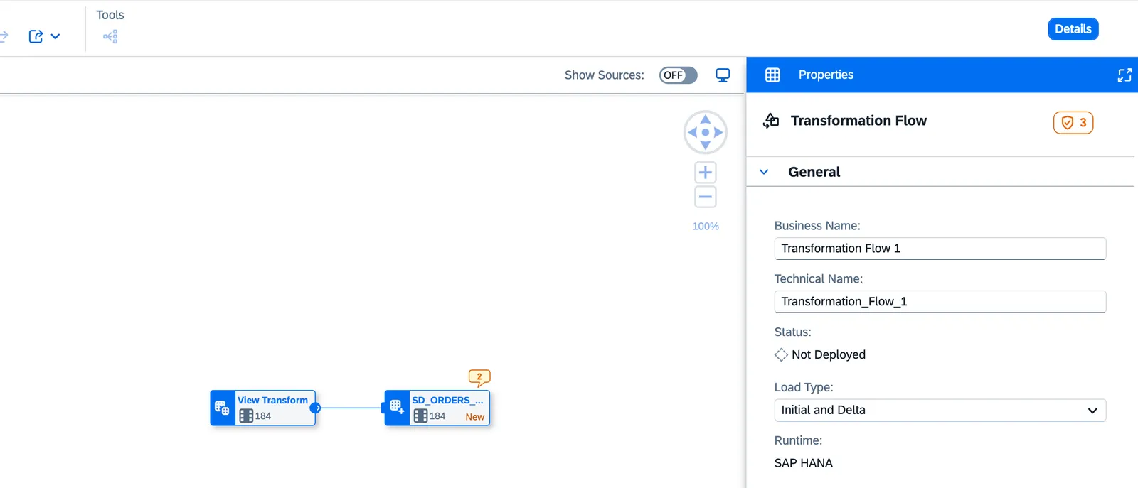 Propiedades del transformation flow con Load Type Initial and Delta y el lienzo con View Transform y el destino SD_ORDERS_RPT