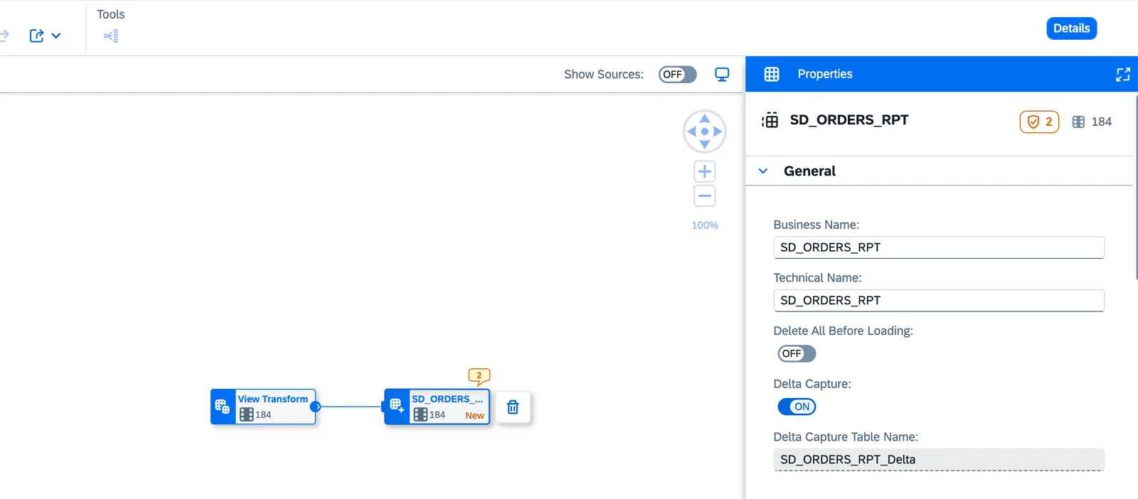 Nodo destino SD_ORDERS_RPT de un transformation flow con Delta Capture activado y su tabla SD_ORDERS_RPT_Delta