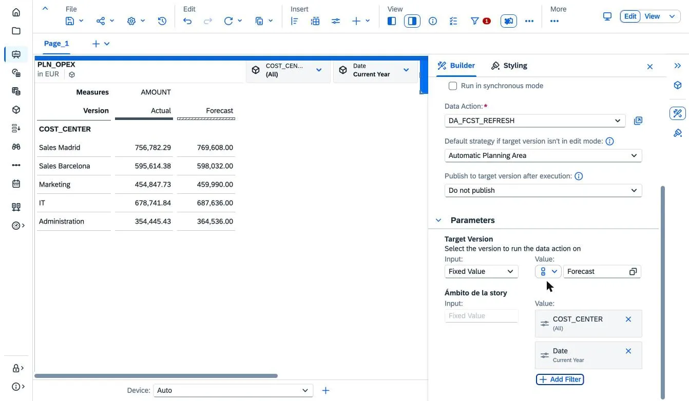 Panel Builder del Data Action Starter con la data action DA_FCST_REFRESH, Automatic Planning Area, Do not publish, Target Version fija en Forecast y el parámetro Ámbito de la story con los filtros COST_CENTER y Date