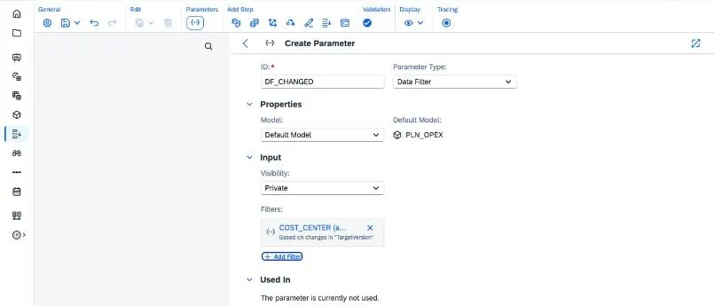 Panel Create Parameter de DA_SOC_SEC con ID DF_CHANGED, tipo Data Filter, visibilidad Private y el filtro COST_CENTER basado en los cambios de TargetVersion