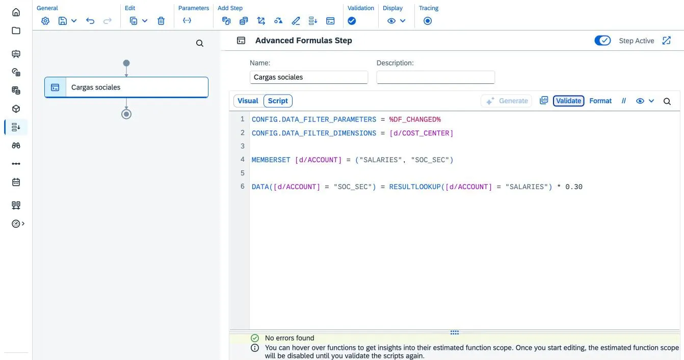 Paso de advanced formula Cargas sociales en modo Script con las líneas CONFIG.DATA_FILTER_PARAMETERS y CONFIG.DATA_FILTER_DIMENSIONS y el mensaje No errors found